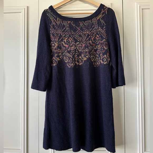 Free People Vintage Navy Floral Sweater Mini Dress, Size M - Picture 2 of 8